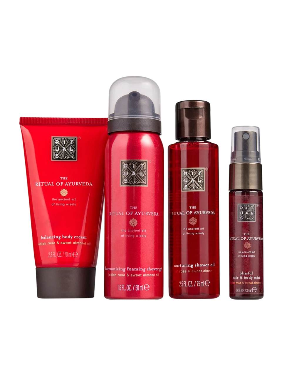 Set Rituals: The Ritual Of Ayurveda, Shower Mousse, 50 ml + The Ritual Of Ayurveda, Nurture, Shower Oil, For Dry Skin, 75 ml + The Ritual Of Ayurveda, Parfum pentru par, Femei, 20 ml + The Ritual Of Ayurveda, Balancing, Body Cream, 70 ml