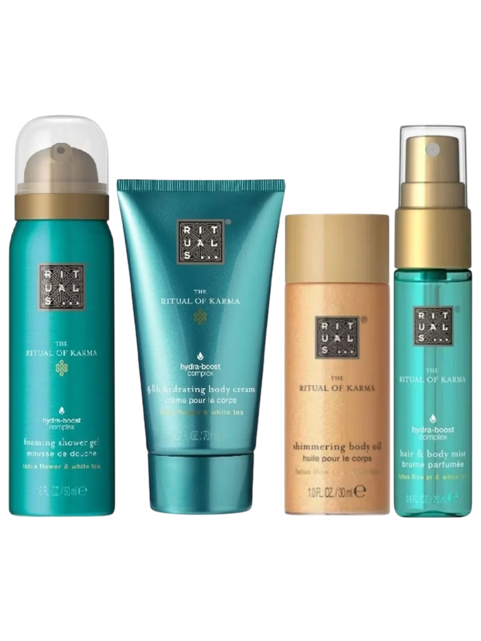 Set Rituals: The Ritual Of Karma, Shower Mousse, 50 ml + The Ritual Of Karma, Shimmer, Body Oil, 30 ml + The Ritual Of Karma, Hydrating, Body Cream, 70 ml + The Ritual Of Karma, Parfum pentru par, Femei, 20 ml