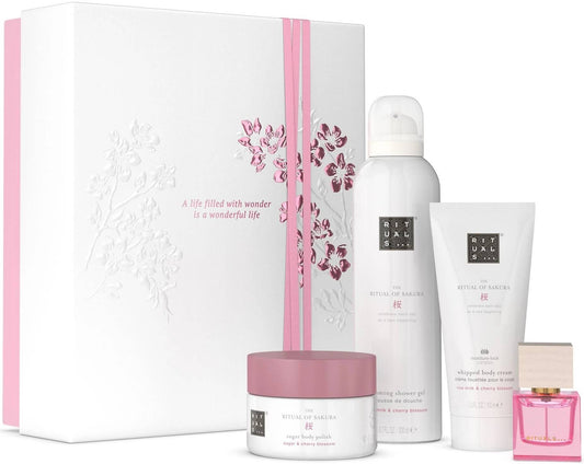 Set Rituals: The Ritual Of Sakura, Rejuvenating, Body Scrub, 125 g + The Ritual Of Sakura, Shower Mousse, 200 ml + The Ritual Of Sakura, Hydrating, Body Cream, 100 ml + Reve De Hanami, Apa de parfum, Femei, 15 ml