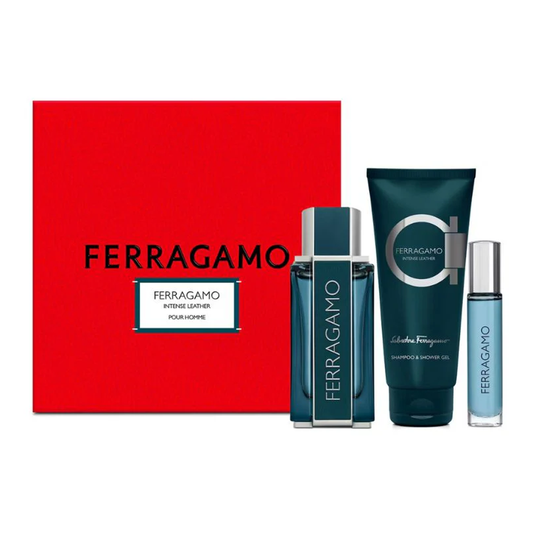 Set Salvatore Ferragamo: Intense Leather, Eau De Parfum, Barbati, 100 ml + Intense Leather, Eau De Parfum, Barbati, 15 ml + Intense Leather, Shower Gel, For All Skin Types, 100 ml