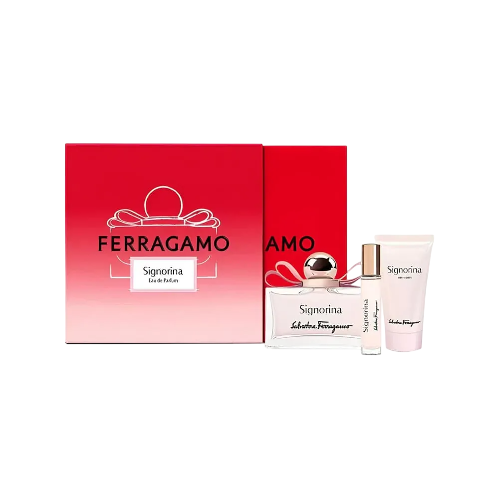 Set Salvatore Ferragamo: Signorina, Apa de parfum, Femei, 100 ml + Signorina, Apa de parfum, Femei, 10 ml + Signorina, Moisturizing, Body Lotion, 50 ml