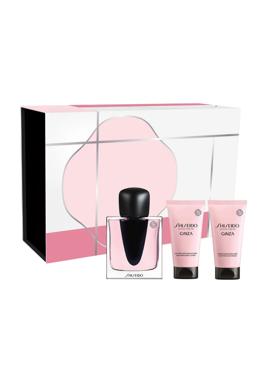 Set Shiseido: Ginza, Apa de parfum, Femei, 50 ml + Ginza, Moisturizing, Body Lotion, 50 ml + Ginza, Hydrating, Hand Cream, 50 ml