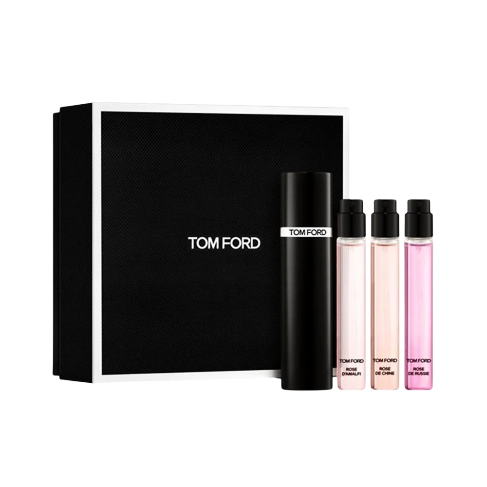 Set Tom Ford: Rose De Russie, Apa de parfum, Femei, 10 ml + Rose De Chine, Apa de parfum, Femei, 10 ml + Rose D'Amalfi, Apa de parfum, Femei, 10 ml + Tom Ford, Refillable Atomizer Case, Black