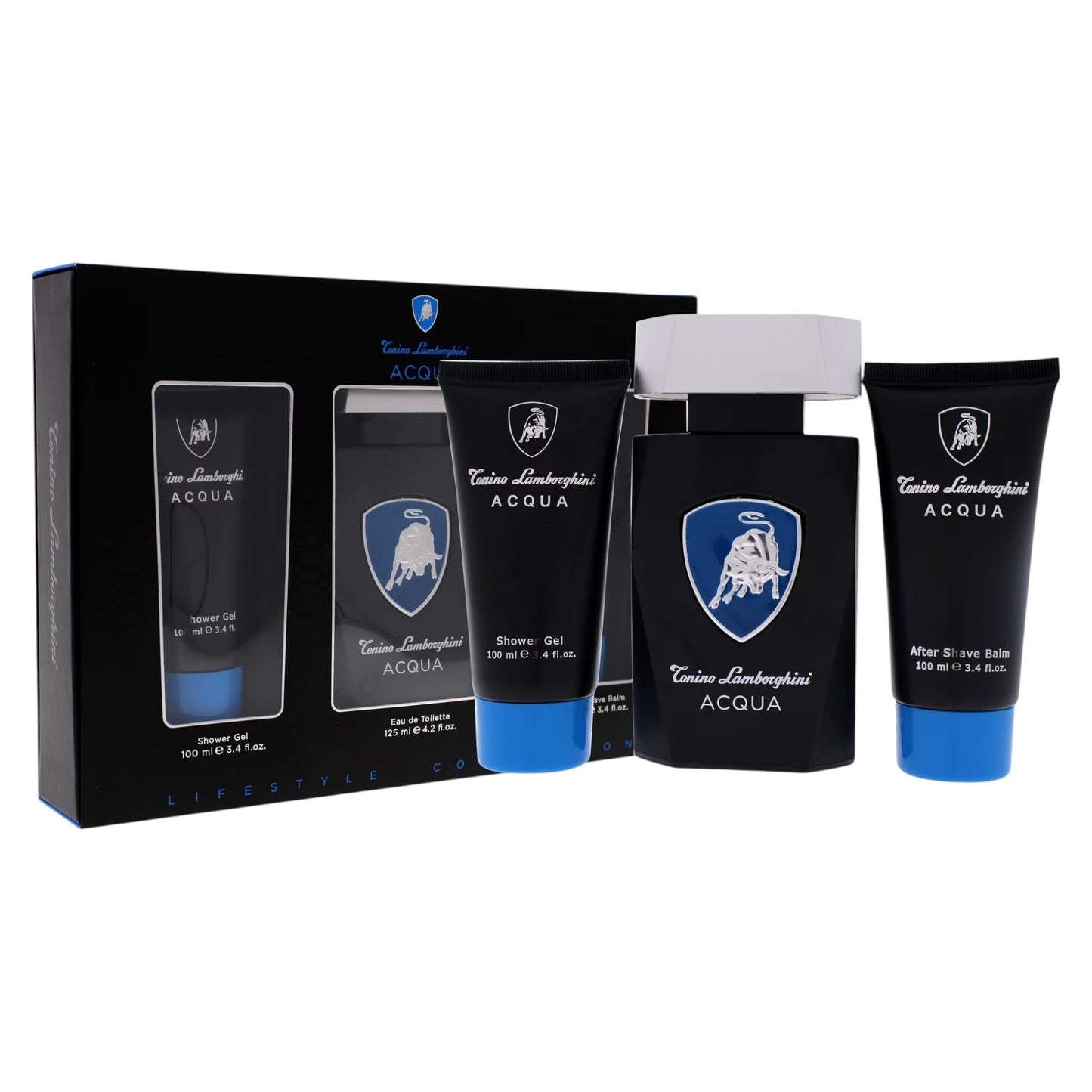 Set Tonino Lamborghini: Acqua, Apa de toaleta, Barbati, 125 ml + Acqua, Hydrating, Shower Gel, All Skin Types, 100 ml + Acqua, Hydrating, After-Shave Balm, 100 ml