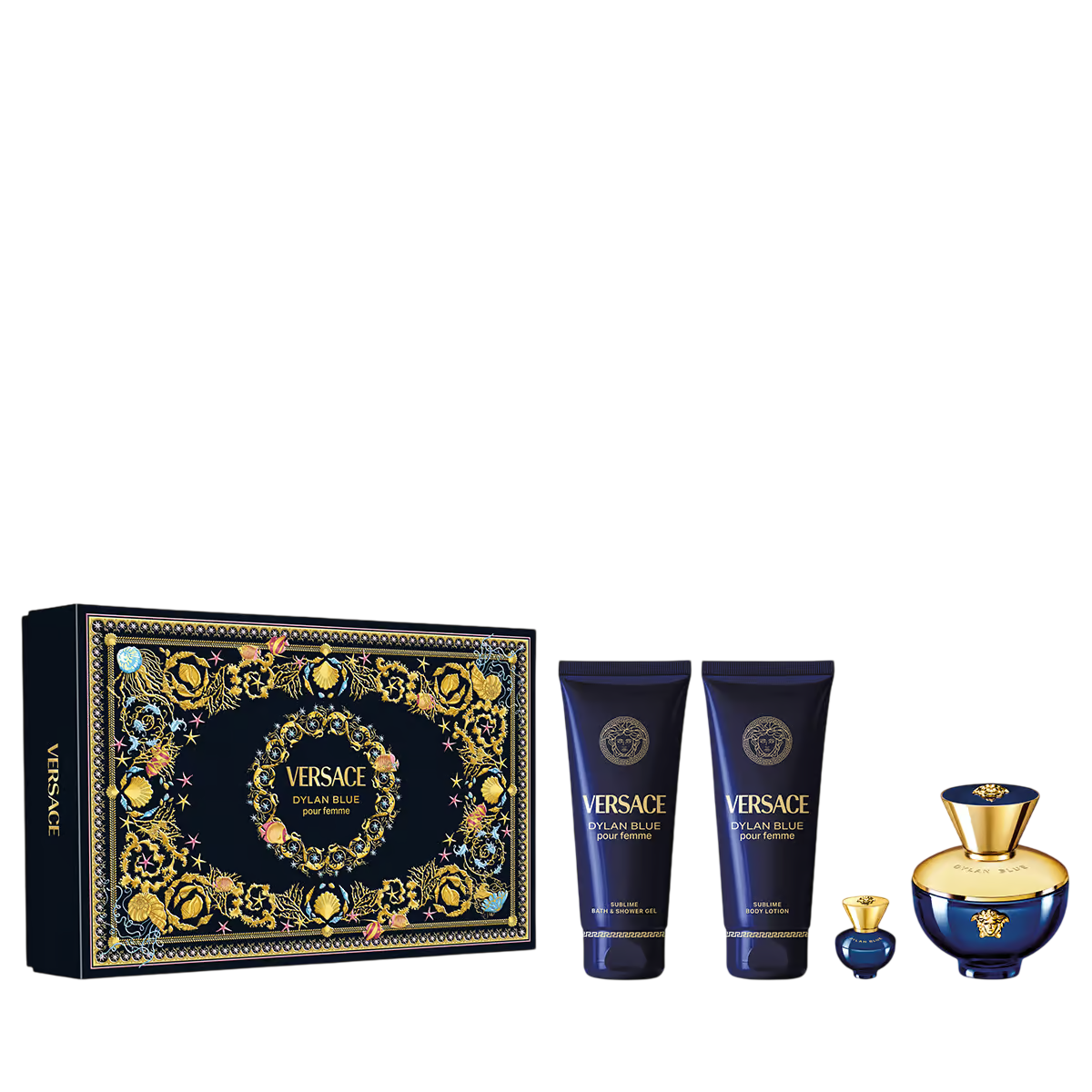 Set Versace: Dylan Blue, Eau De Parfum, For Femei, 100 ml + Dylan Blue, Hydrating, Body Lotion, 100 ml + Dylan Blue, Hydrating, Shower Gel, 100 ml + Dylan Blue, Eau De Toilette, Barbati, 5 ml