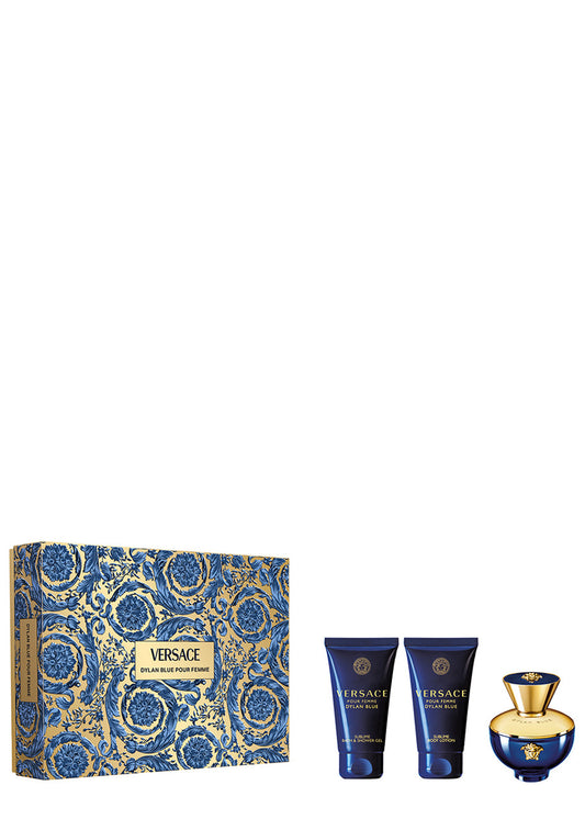 Set Versace: Dylan Blue, Apa de parfum, Femei, 50 ml + Dylan Blue, Hydrating, Body Lotion, 50 ml + Dylan Blue, Hydrating, Shower Gel, For All Skin Types, 50 ml