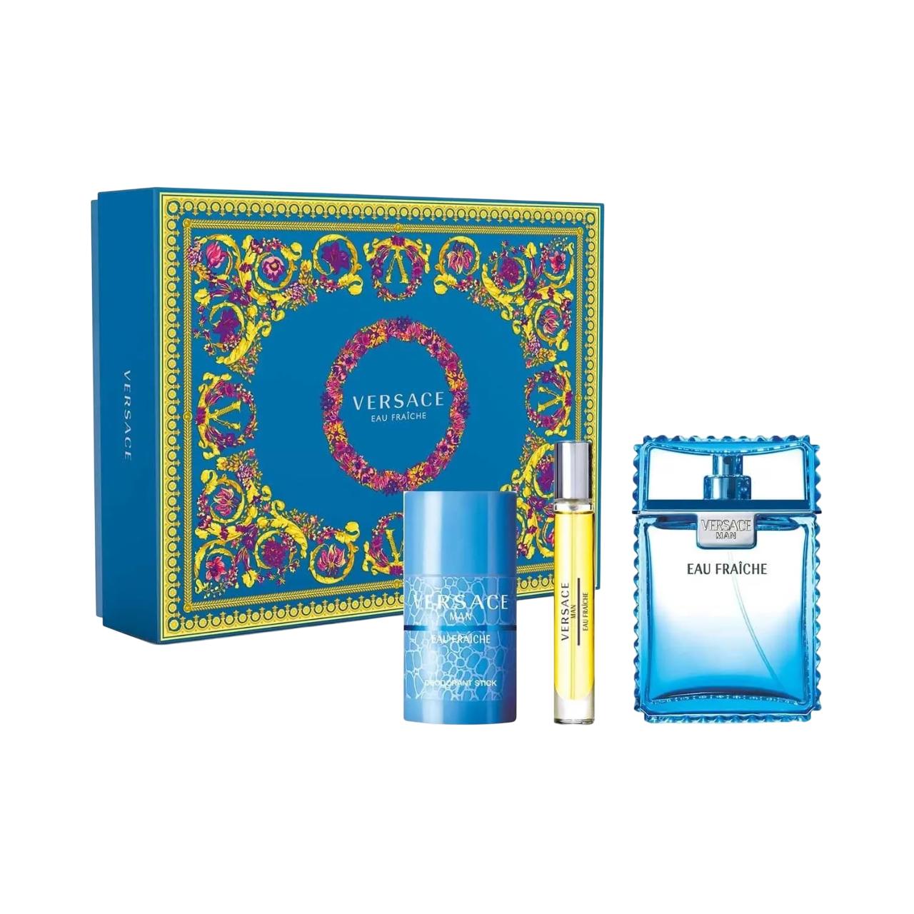 Set Versace: Eau Fraiche, Apa de Toaleta, Barbati, 100 ml + Eau Fraiche, Apa de Toaleta, Barbati, 10 ml + Eau Fraiche, Deodorant Stick, Barbati, 75 ml
