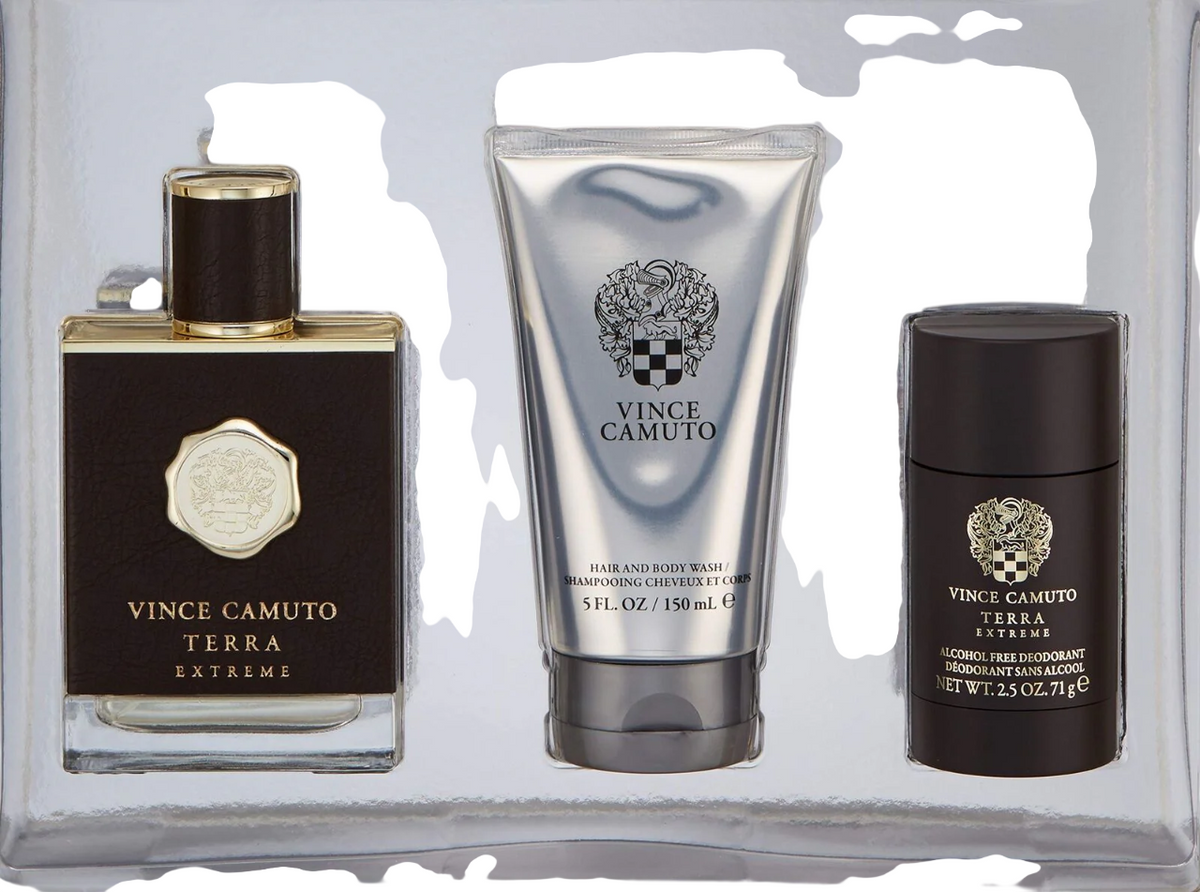 Set Vince Camuto: Terra Extreme, Apa de toaleta, Barbati, 100 ml + Terra Extreme, Anti-Perspirant, Deodorant Stick, Barbati, 71 g + Terra Extreme, Shower Gel & Shampoo 2-In-1, 150 ml