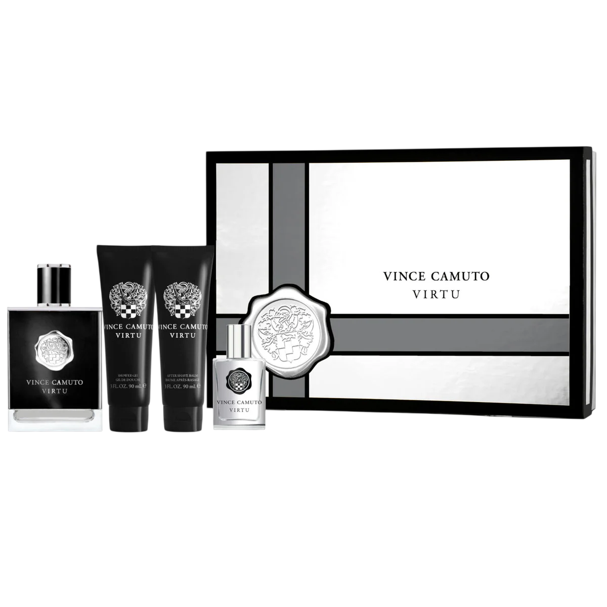 Set Vince Camuto: Virtu, Apa de toaleta, Barbati, 100 ml + Virtu, Apa de toaleta, Barbati, 15 ml + Virtu, Moisturizing, After-Shave Balm, 90 ml + Virtu, Shower Gel, Body, 90 ml